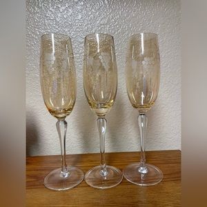 A set of 3 Etched Vine Amber Gold Clear Stem Champagne Flutes Glasses